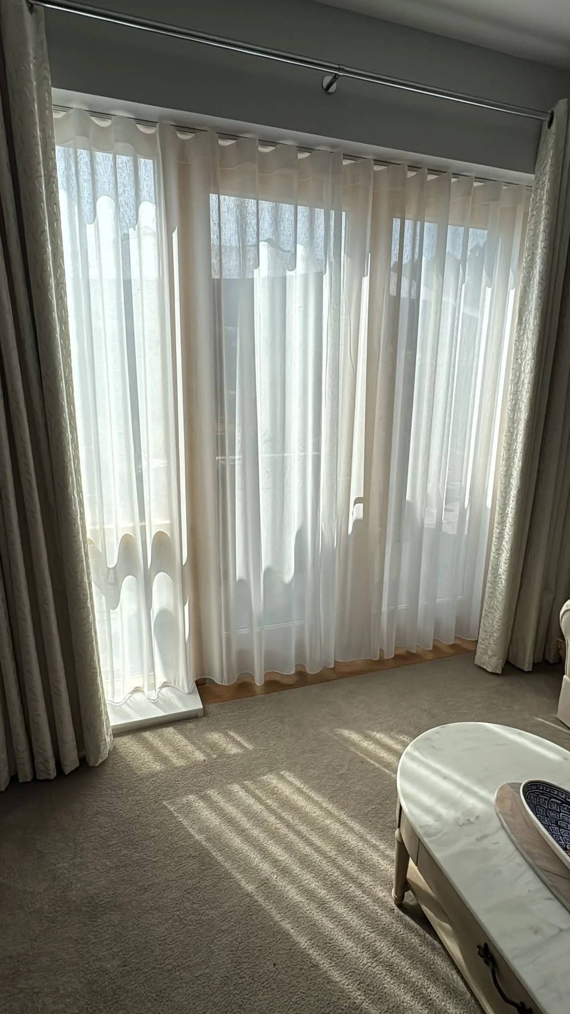 Voile curtains with wave heading, one of our recent jobs in Newhall, Harlow