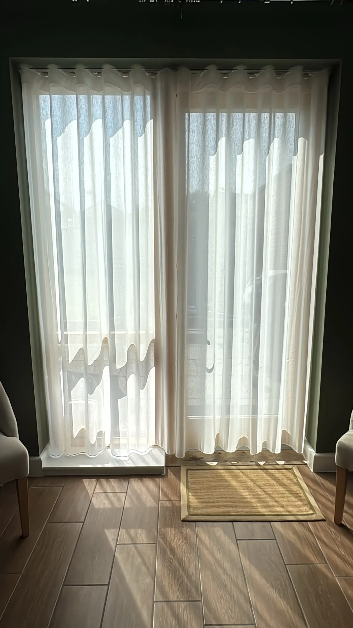 Close up of wave heading fold spacing on voile curtains fitted in Newhall, Harlow